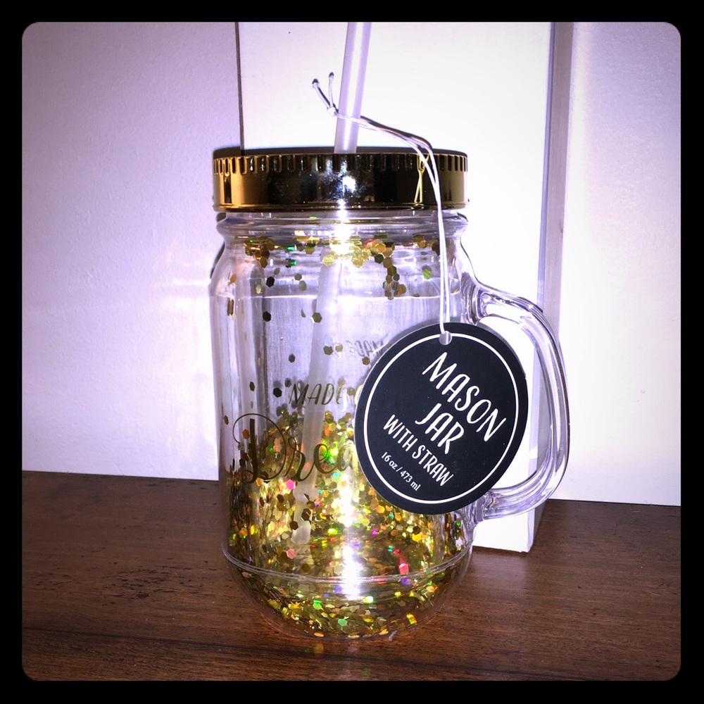 Glitter Mason Jar Cup w/ Straw. New w/ Tag